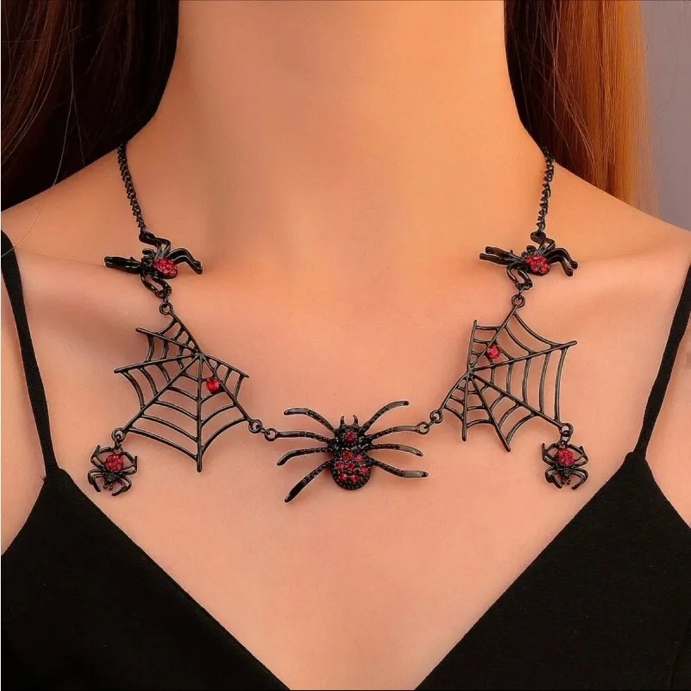 Gothic Black Spider Web Pendant Necklace Women Clavicle Chain Halloween Gifts - Picture 2 of 9